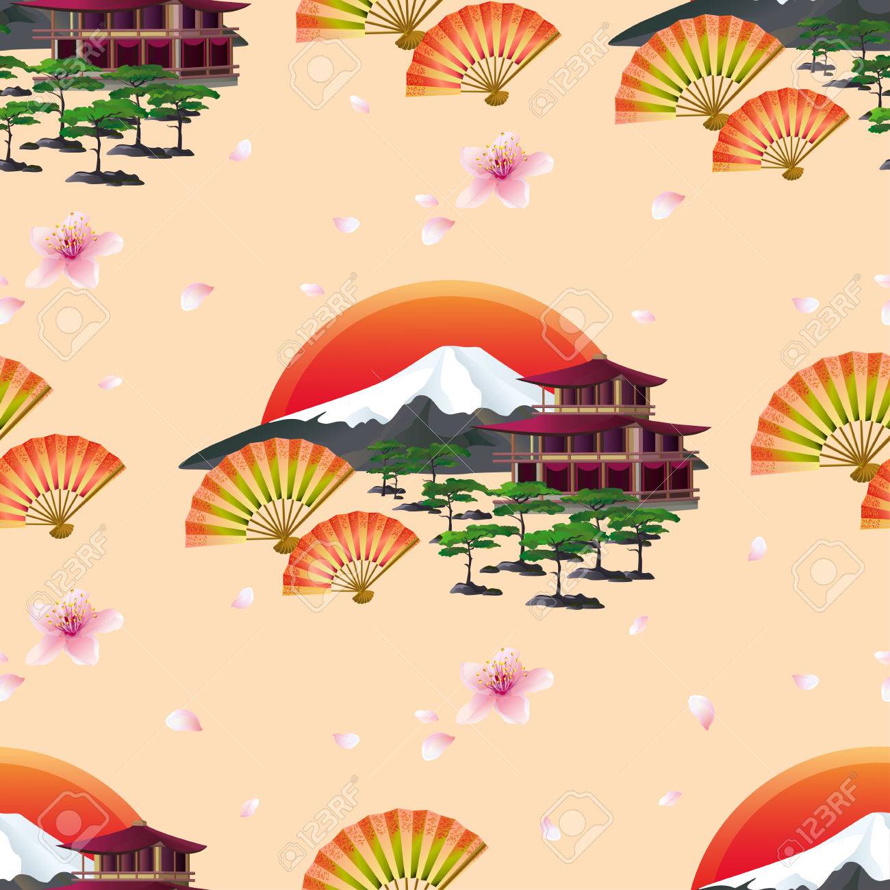 美しい黄金背景花ピンクの桜日本の桜の木とのシームレスなパターンとフライング花びら風景 2 つのファンと伝統的な日本家屋 春の花の壁紙 グラフィック デザイン ベクトル図 のイラスト素材 ベクタ Image 美しい黄金背景花ピンクの桜日本の桜の木とのシームレスなパターンとフライング花びら風景 2 つのファンと伝統的な日本家屋 春の花の壁紙 グラフィック デザイン ベクトル図 のイラスト素材 ベクタ Image