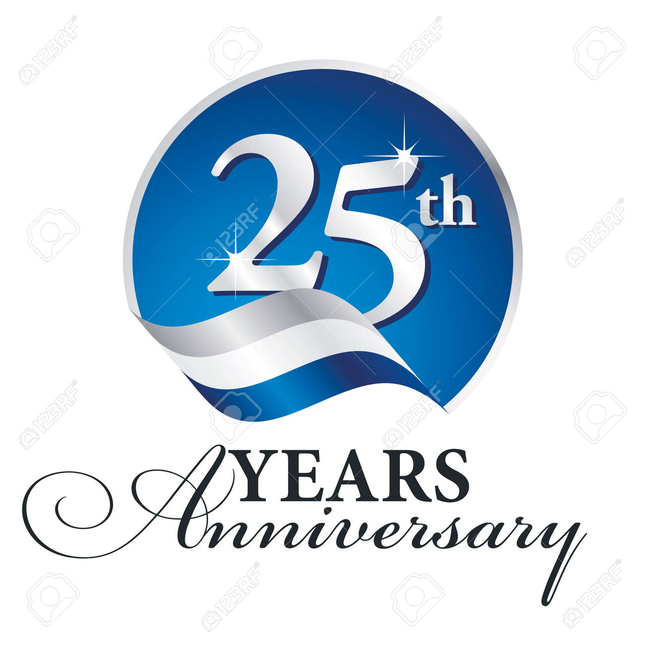 Anniversaire 25 Ans Celebrant Le Logo Argent Blanc Ruban Bleu Fond Clip Art Libres De Droits Vecteurs Et Illustration Image