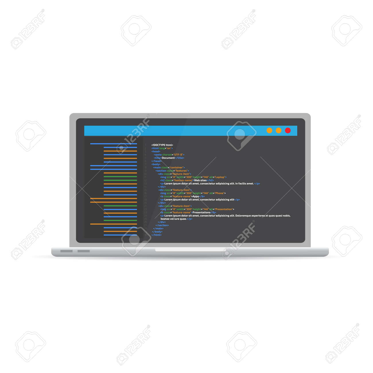 HTML Code Website. Laptop Coding, Programming Concept. Vector Illustration. Royalty  Free SVG, Cliparts, Vectors, And Stock Illustration. Image 95156437.