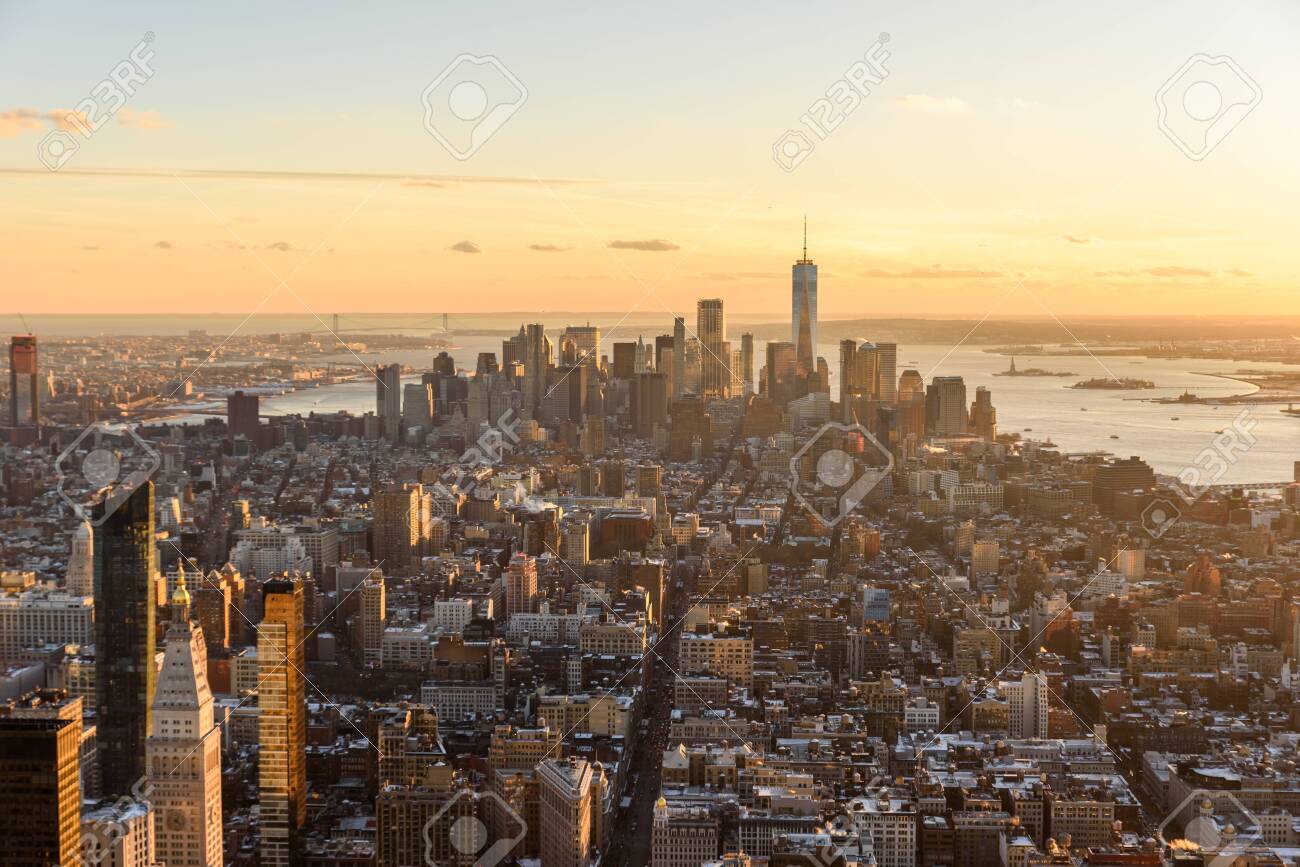 View From Observation Deck On Empire State Building At Sunset Lower Manhatten Downtown New York City Usa Stock Photo Picture And Royalty Free Image Image 127338355