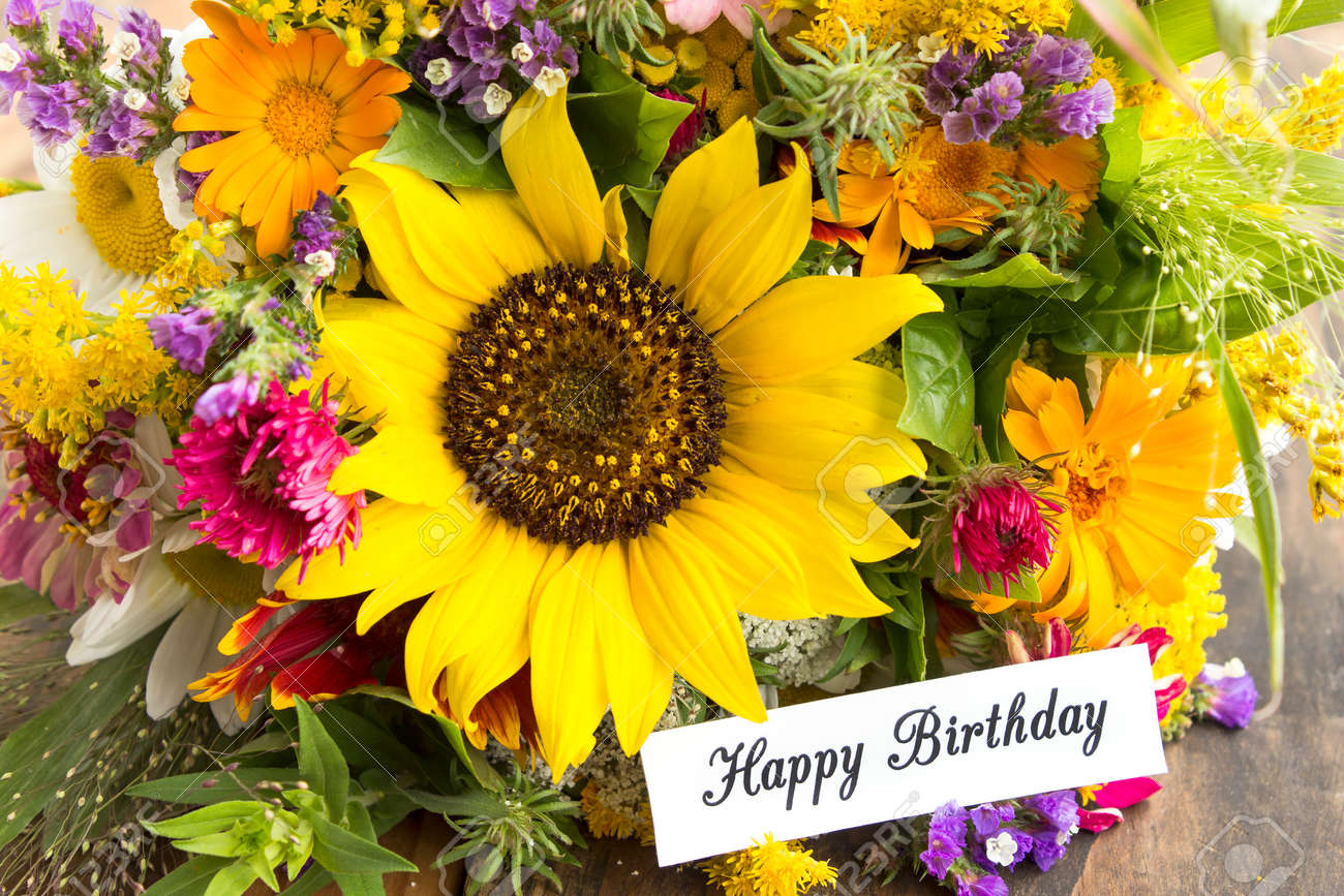 Happy Birthday Card With Bouquet Of Summer Flowers