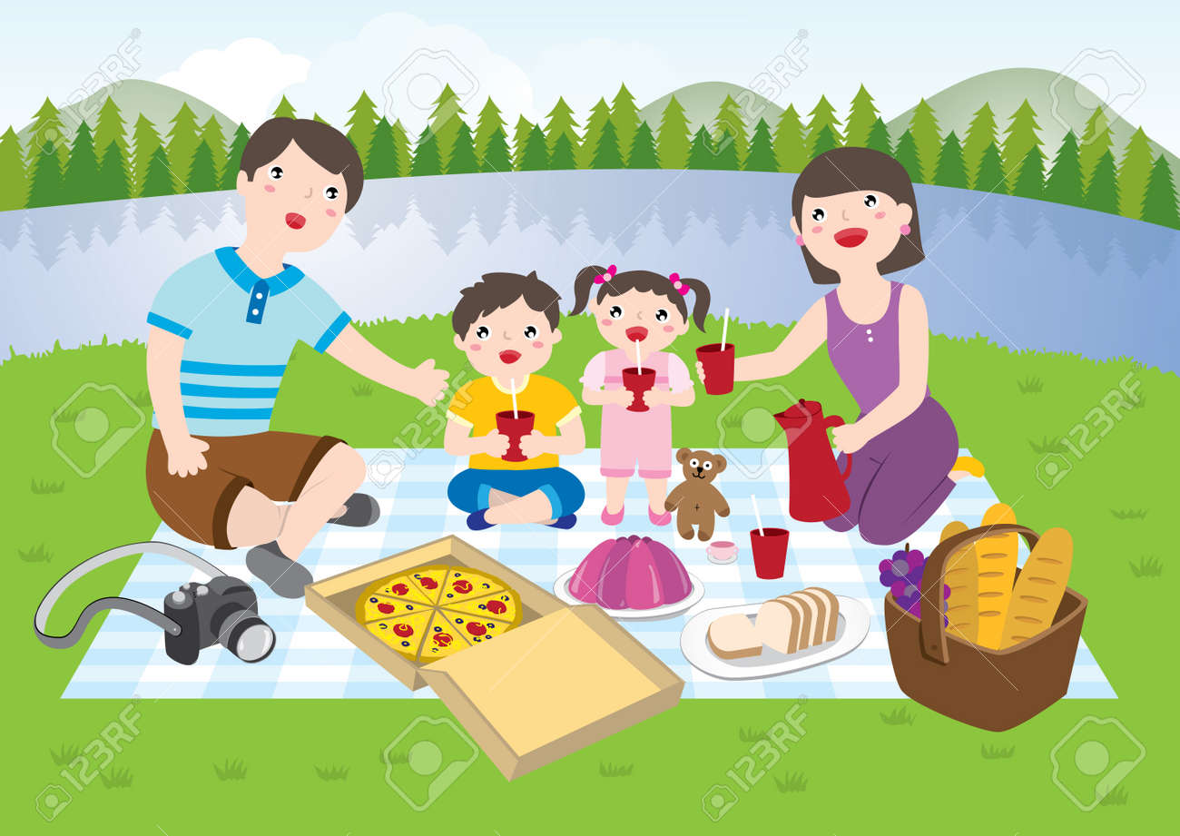 Happy Family Having A Picnic In The Parkâ€¨â€¨Happy Family Of 4 Members  Having A Picnic Together In The Park During The Day. Dad, Mom, Daughter And  Son Sitting On The Grass. Mom, image size:1300x921