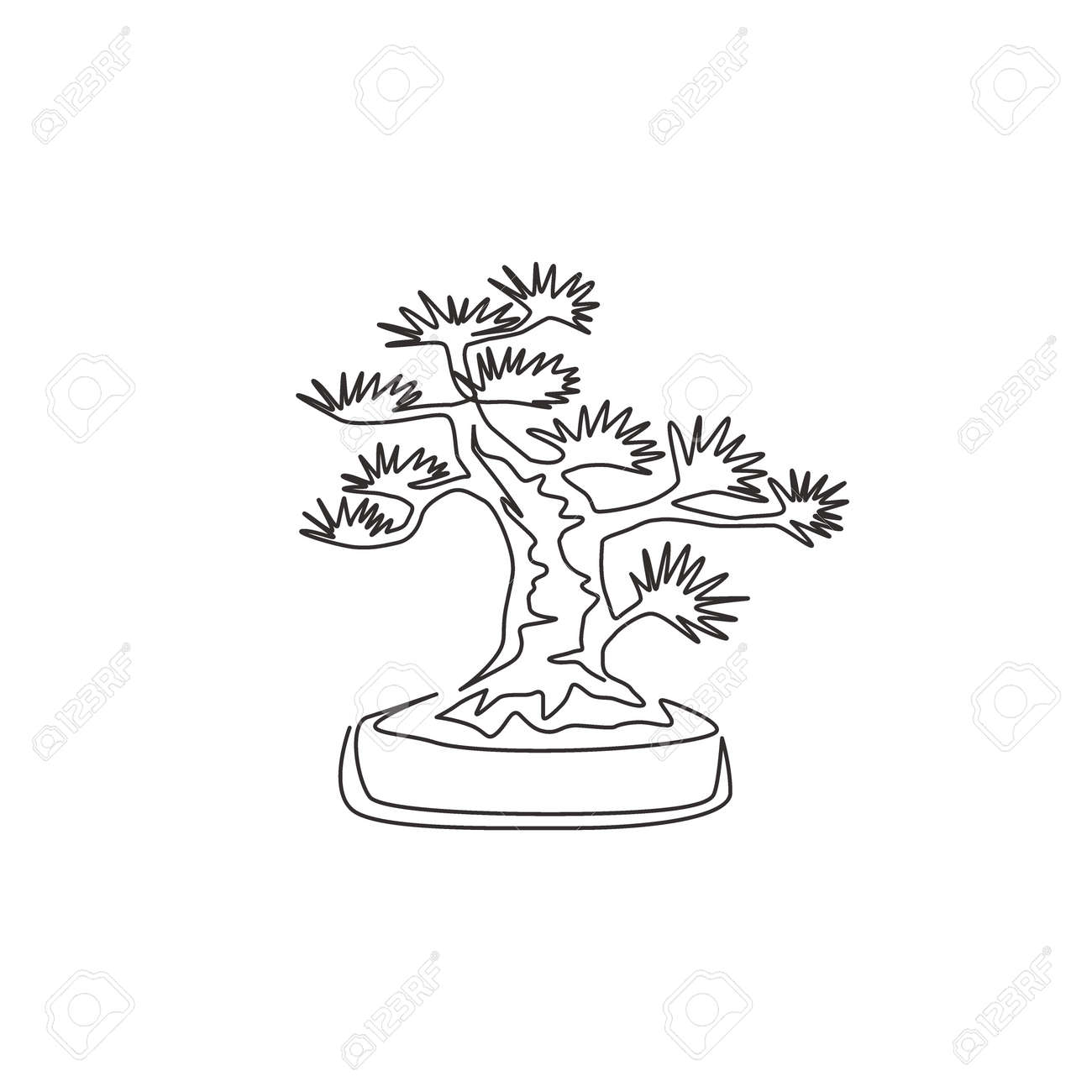 Single One Line Drawing Of Beauty And Exotic Mini Bonsai Tree For Wall  Decor Poster Art Print. Decorative Potted Old Bend Plant For Plant Shop.  Modern Continuous Line Draw Design Vector Illustration, image size:1300x1300