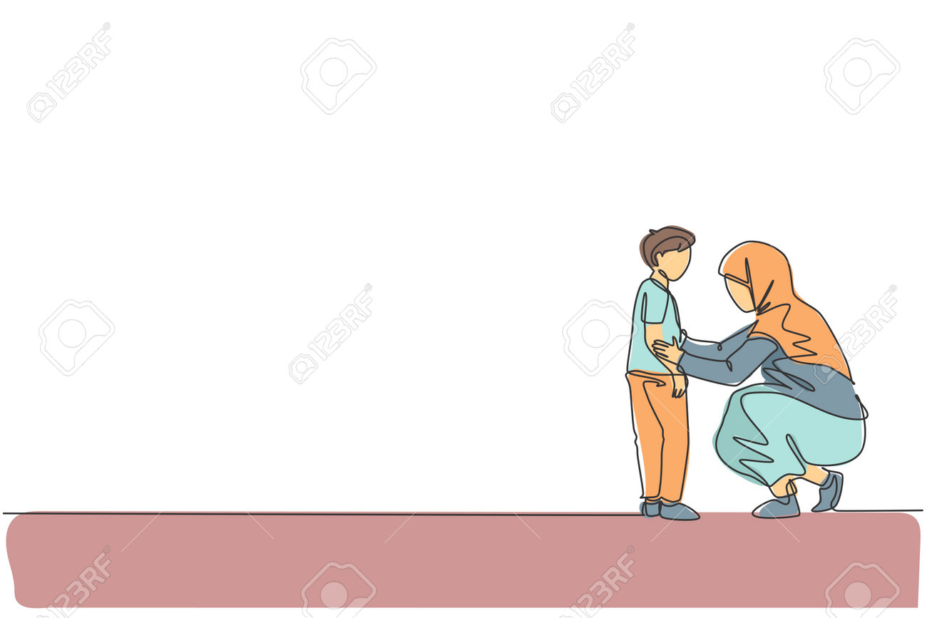 Dessin Continu D'une Ligne D'une Jeune Maman Arabe Parlant, Conseillant À  Son Garçon Une Bonne Chose. Heureux Concept De Famille Parentale Musulmane  Islamique. Illustration Vectorielle De Dessin Graphique Dynamique À Une  Seule