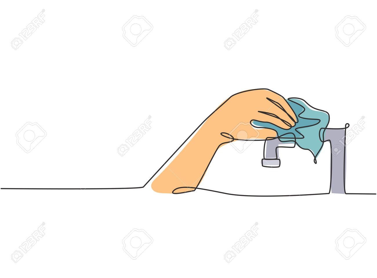 Single Continuous Line Drawing Dry The Tap Water With A Towel After Washing  It Thoroughly With Clean Water. The Faucet Becomes Sleek And Shiny Again.  One Line Draw Graphic Design Vector Illustration., image size:1300x958