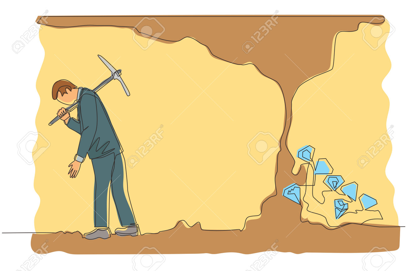 単一の連続線画ビジネスマンは、お金とダイヤモンドに到達する前にあきらめます。労働者は貴重なダイヤモンドがほとんど明らかにされていることを知らずに掘ることをあきらめます。1行のグラフィックデザインベクターイラストのイラスト素材・ベクター  Image 204091331