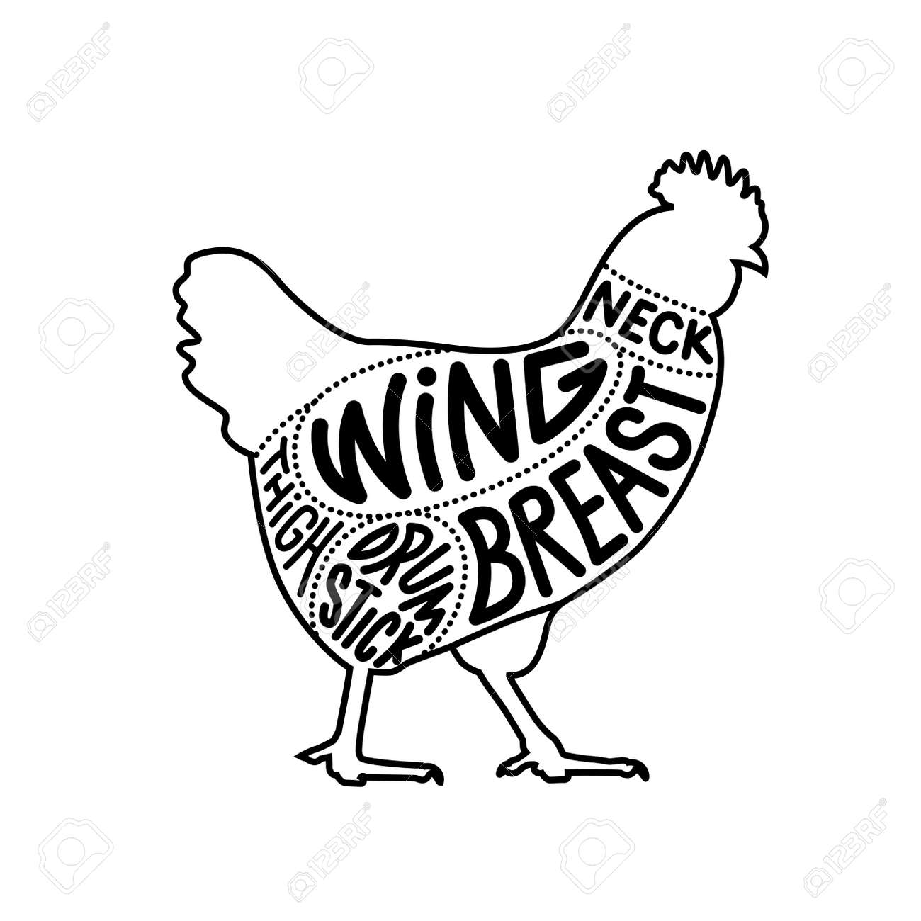 チキンは 右の輪郭ストークに面した図をカットします 鶏肉の部分は肉屋のための図をカットします ベクトルのイラスト のイラスト素材 ベクタ Image