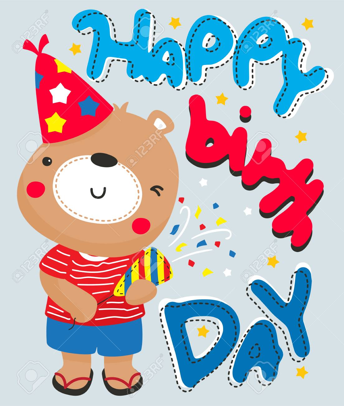 Cartoon Cute Teddy Bear Using Party Popper, Happy Birthday ...