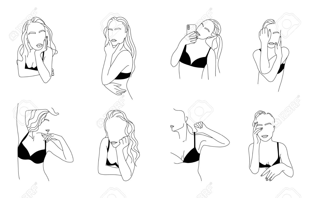Conjunto De Figura Femenina Minimalista Abstracta En Ropa Interior. Vectorial Del Cuerpo En Un Estilo Lineal. Ilustraciones Svg, Vectoriales, Clip Art Vectorizado Libre Derechos. Image 150924180.
