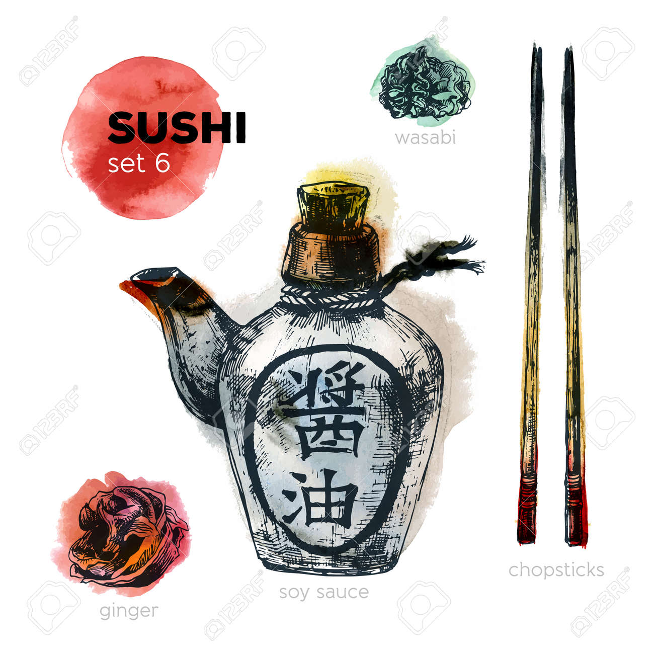 手描きのお寿司セットです 日本の料理 しょうゆ 箸 生姜 わさびなどを含みます 水彩画背景とインク イラスト ビンテージ スタイルです のイラスト素材 ベクタ Image 手描きのお寿司セットです 日本の料理 しょうゆ 箸 生姜 わさびなどを含みます 水彩画背景とインク イラスト ビンテージ スタイルです のイラスト素材 ベクタ Image