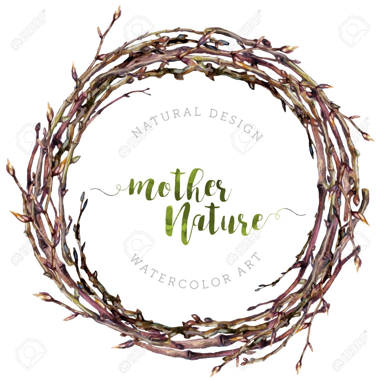 Watercolor Boho wreath made of dry twigs and osier branches isolated on white. Natural decoration. Wooden sticks garland. Christmas chaplet made of vine. Pussy-willow round frame. Vintage style. - 67828824 Watercolor Boho wreath made of dry twigs and osier branches isolated on white. Natural decoration. Wooden sticks garland. Christmas chaplet made of vine. Pussy-willow round frame. Vintage style. - 67828824