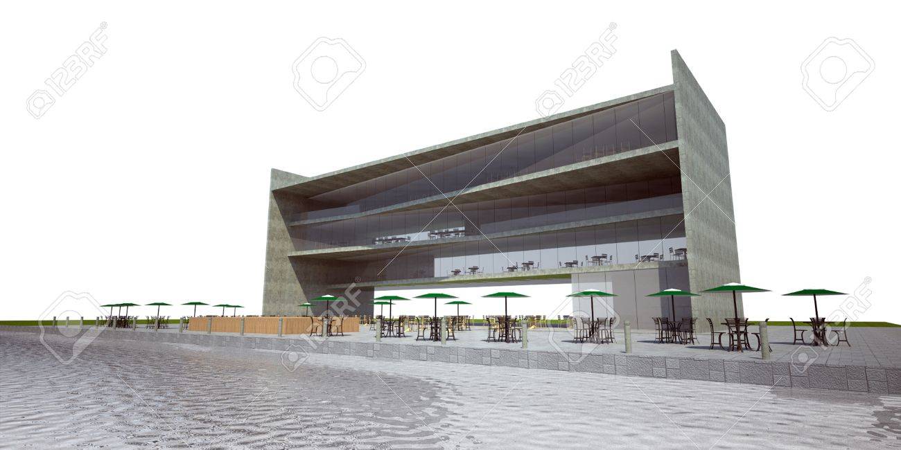 3D Rendering Of Modern Building, Restaurant Exterior, White Sky ... 3D Rendering Of Modern Building, Restaurant Exterior, White Sky ...