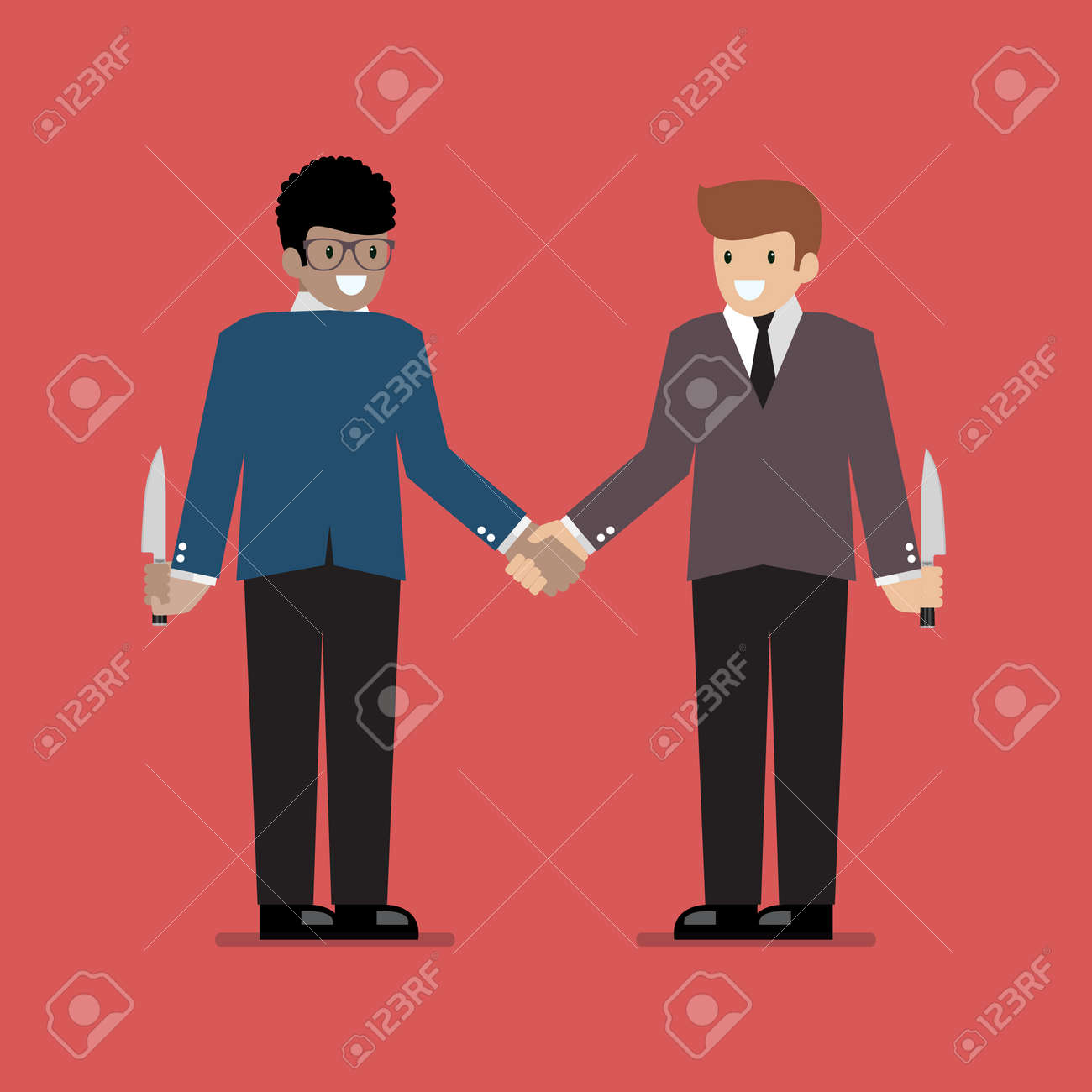 裏切りやビジネス パートナーの背中刺すナイフを隠してのビジネスマン ビジネス コンセプトのイラスト素材 ベクタ Image