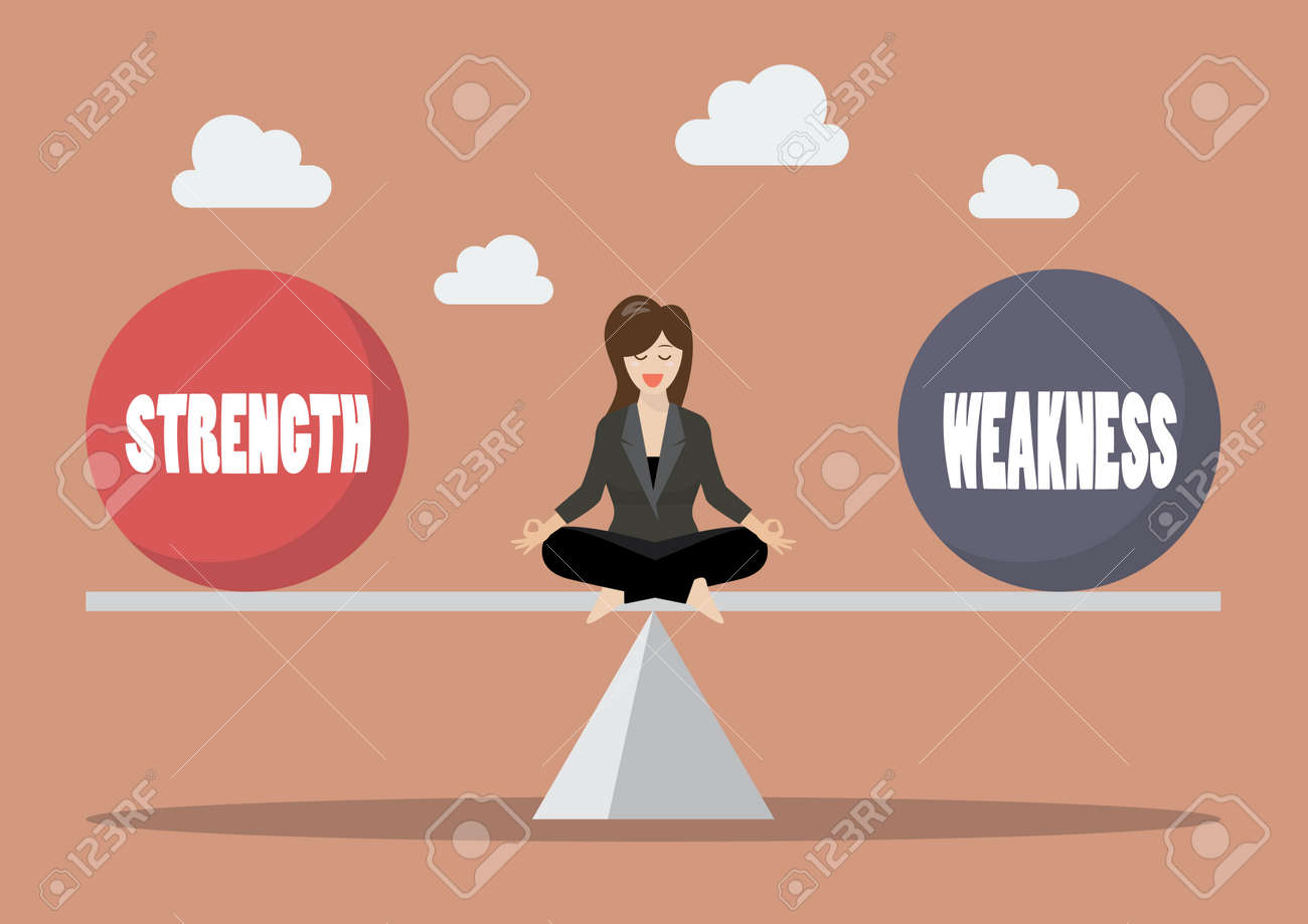 business woman balancing between strength and weakness vector strenght and weakness
