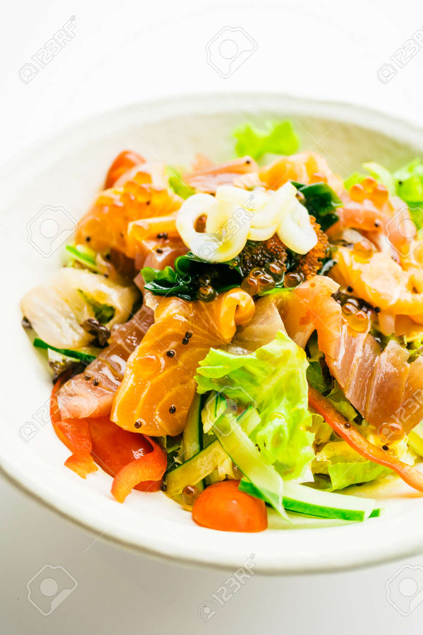 Mixed Seafood And Vegetable Salad With Salmon Tuna Squid And Stock Photo Picture And Royalty Free Image Image 81285191