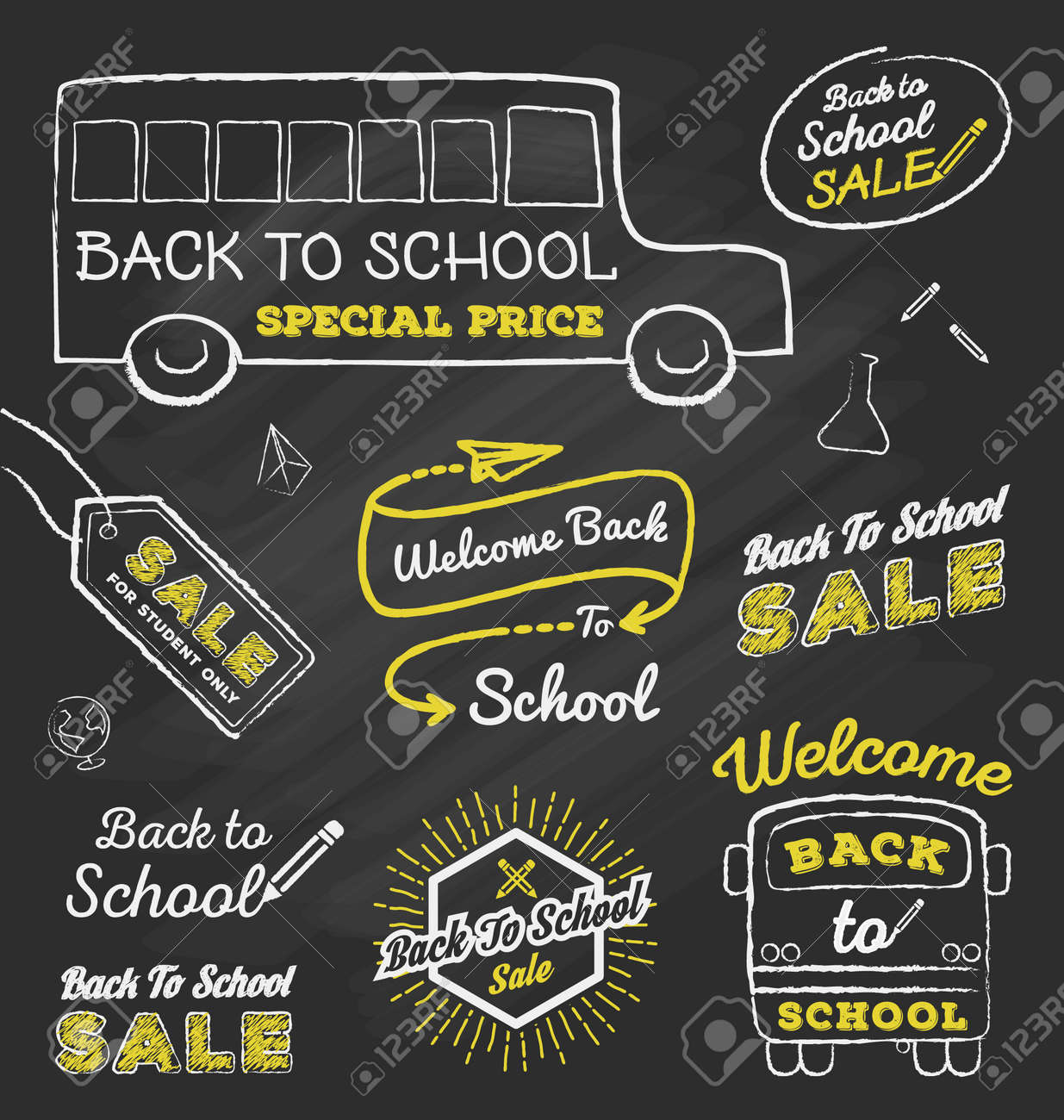 back to school doodle chalk design drawing label set on chalkboard