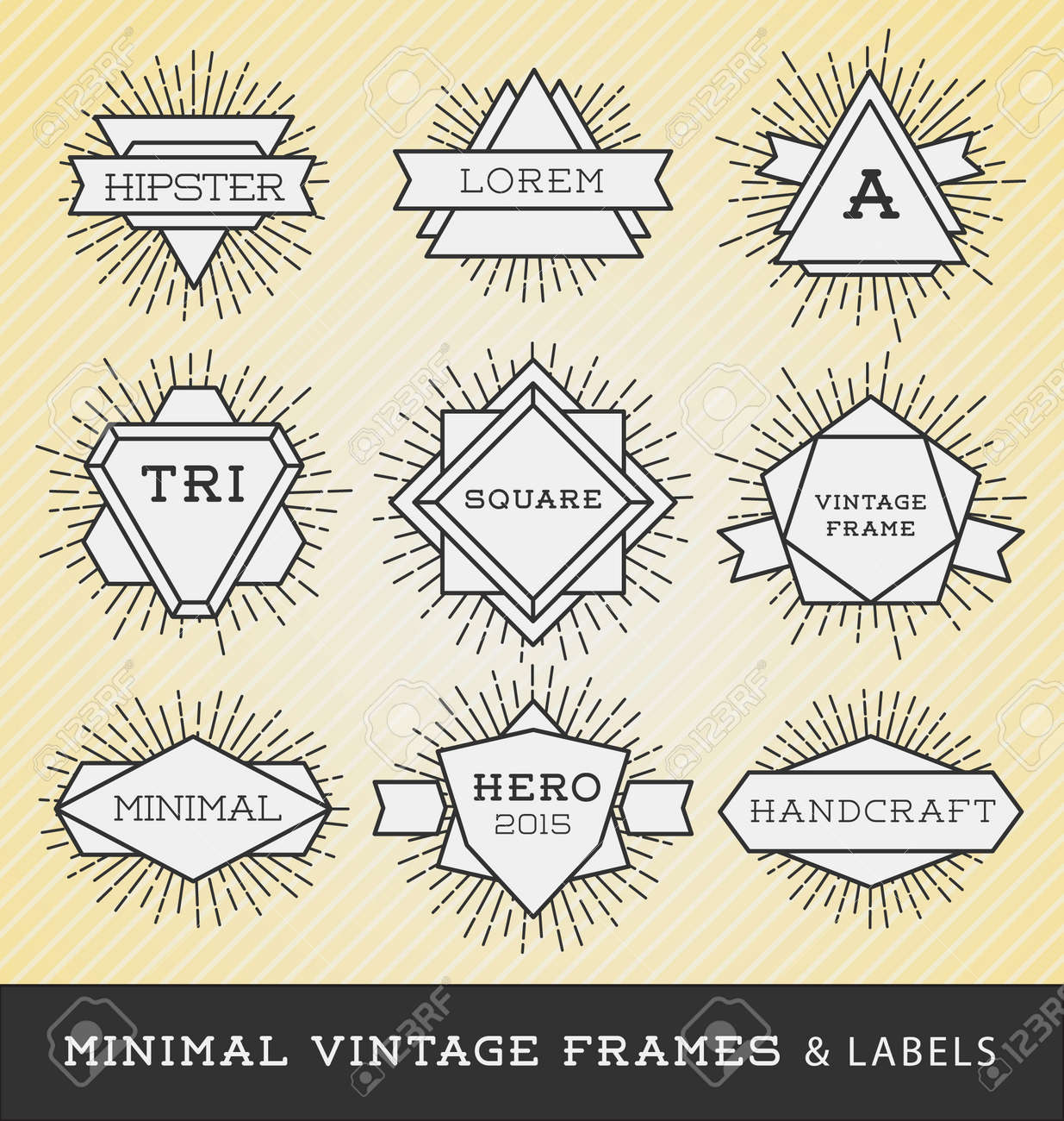 set of vintage line frames and labels with sunburst hipster