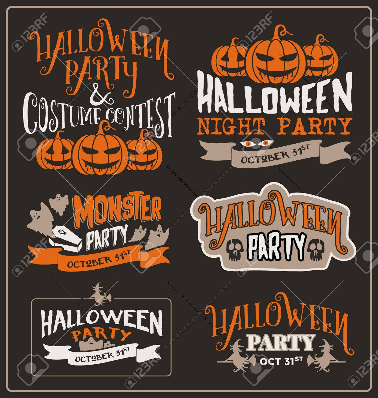 Set Of Halloween Typographic Design For Party, Costume Contest, Night Party,  Spooky Party. Poster. Vector Illustration Royalty Free Cliparts, Vectors,  And Stock Illustration. Image 45935493.