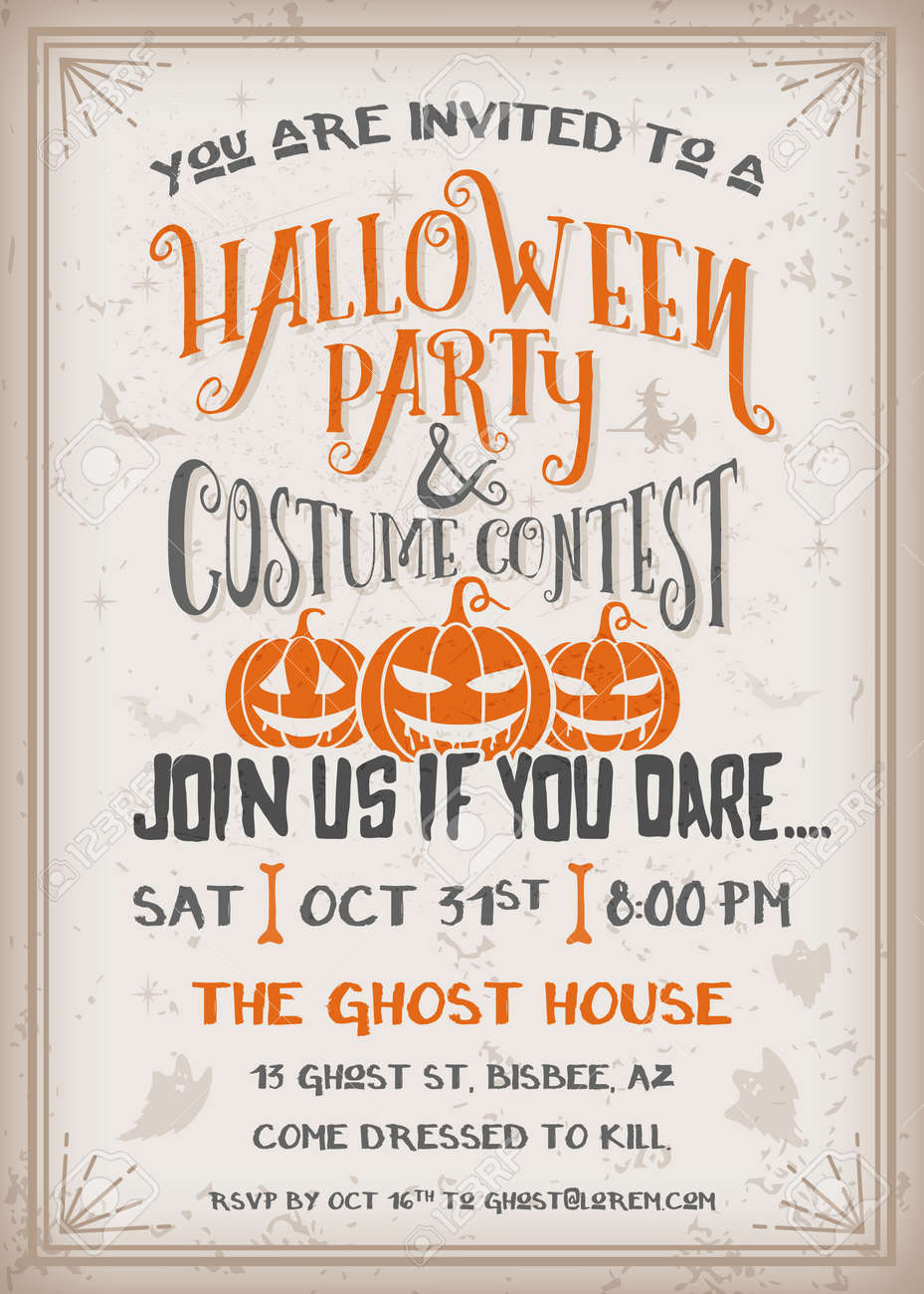 Halloween party and costume contest Invitation with scary pumpkins design. Grunge texture easy to remove. Vintage Background Vector Illustration - 45935296 Halloween party and costume contest Invitation with scary pumpkins design. Grunge texture easy to remove. Vintage Background Vector Illustration - 45935296