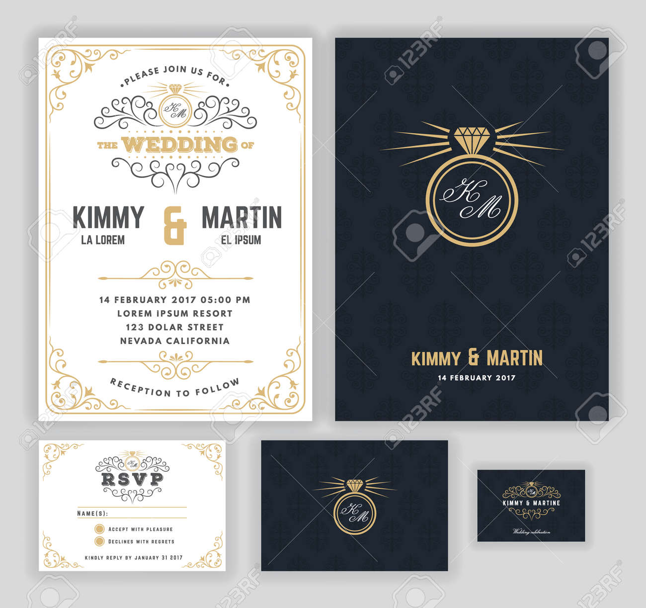 invitaciones de boda creativas con broche de oro y giros plantilla