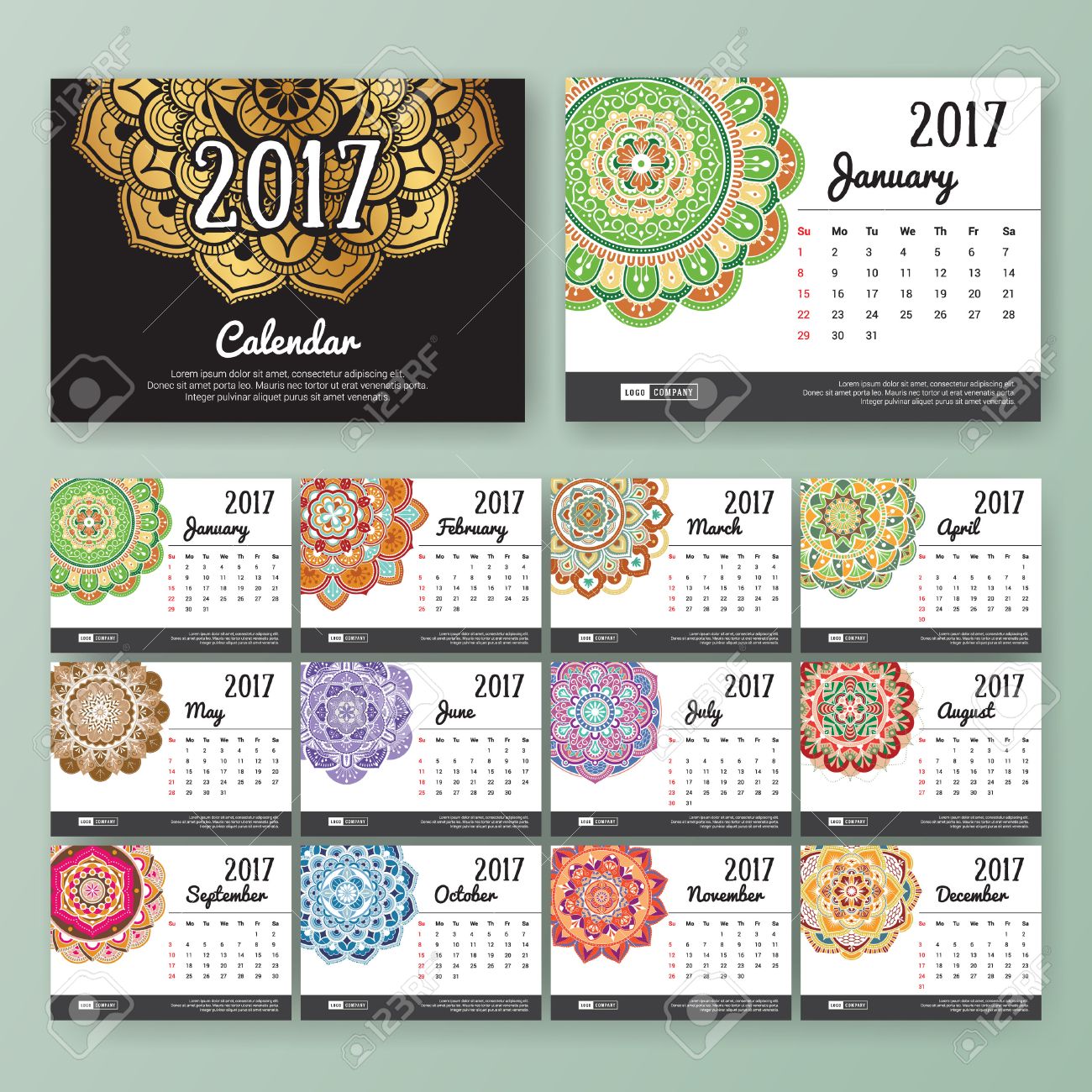 12 month desk calendar template for print design with colored