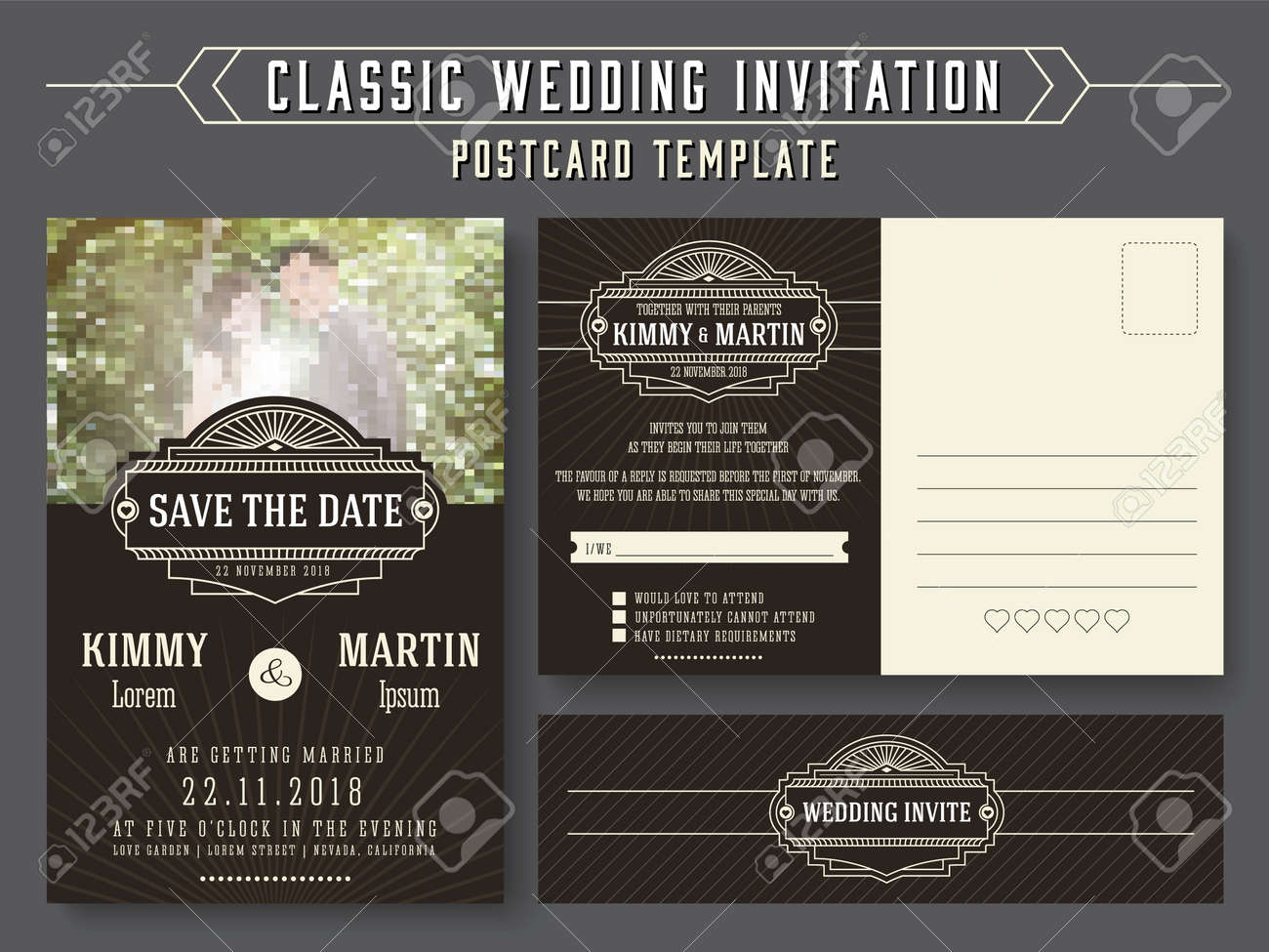 クラシックなビンテージのウェディング招待状カードのデザイン 伝統と現代のトレンドに適してあなたの結婚式のカップルのイメージを置き換えることができます 日付と Rsvp のはがきテンプレートを保存します ベクトル図のイラスト素材 ベクタ Image クラシックなビンテージのウェディング招待状カードのデザイン 伝統と現代のトレンドに適してあなたの結婚式のカップルのイメージを置き換えることができます 日付と Rsvp のはがきテンプレートを保存します ベクトル図のイラスト素材 ベクタ Image