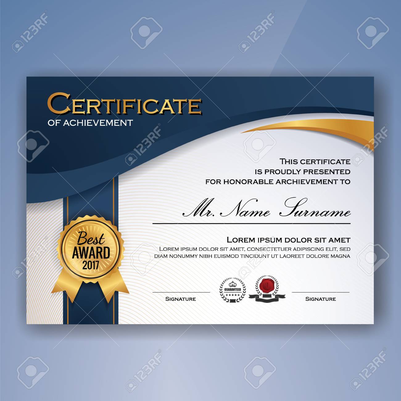 blue and white elegant certificate of achievement template