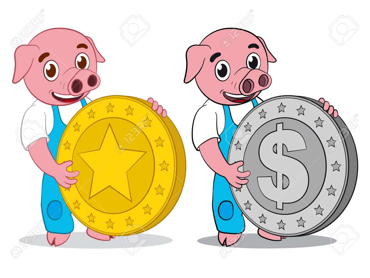 星と銀のドルの金貨を持って幸せなかわいい漫画豚 の写真素材 画像素材 Image