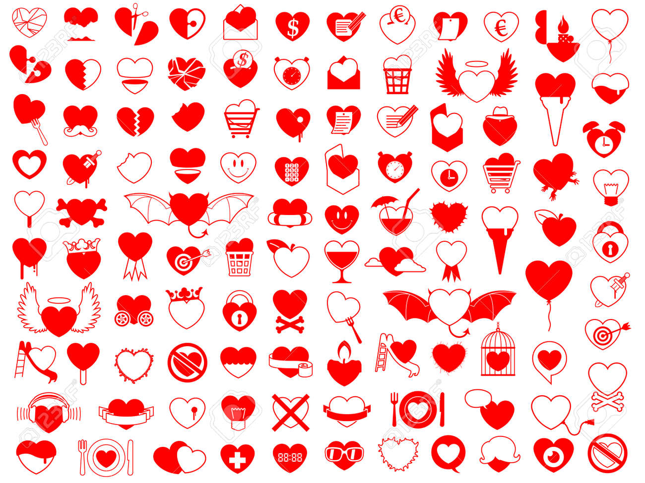 愛 ロマンス 食品 楽しく 暴力 オブジェクト 壊れた心とデザイン要素をカバーする赤いシルエット ベクトルのハートのアイコンの膨大なコレクション の写真素材 画像素材 Image