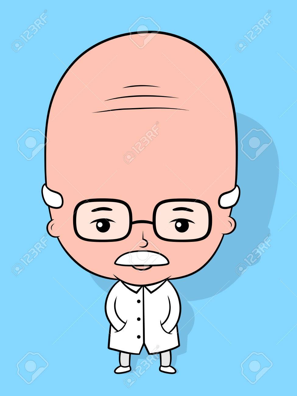 ベクトル図 彼の白衣のポケットに手を立っているオタク系メガネ禿げ頭の老人科学者マンガ キャラクターのイラスト素材 ベクタ Image