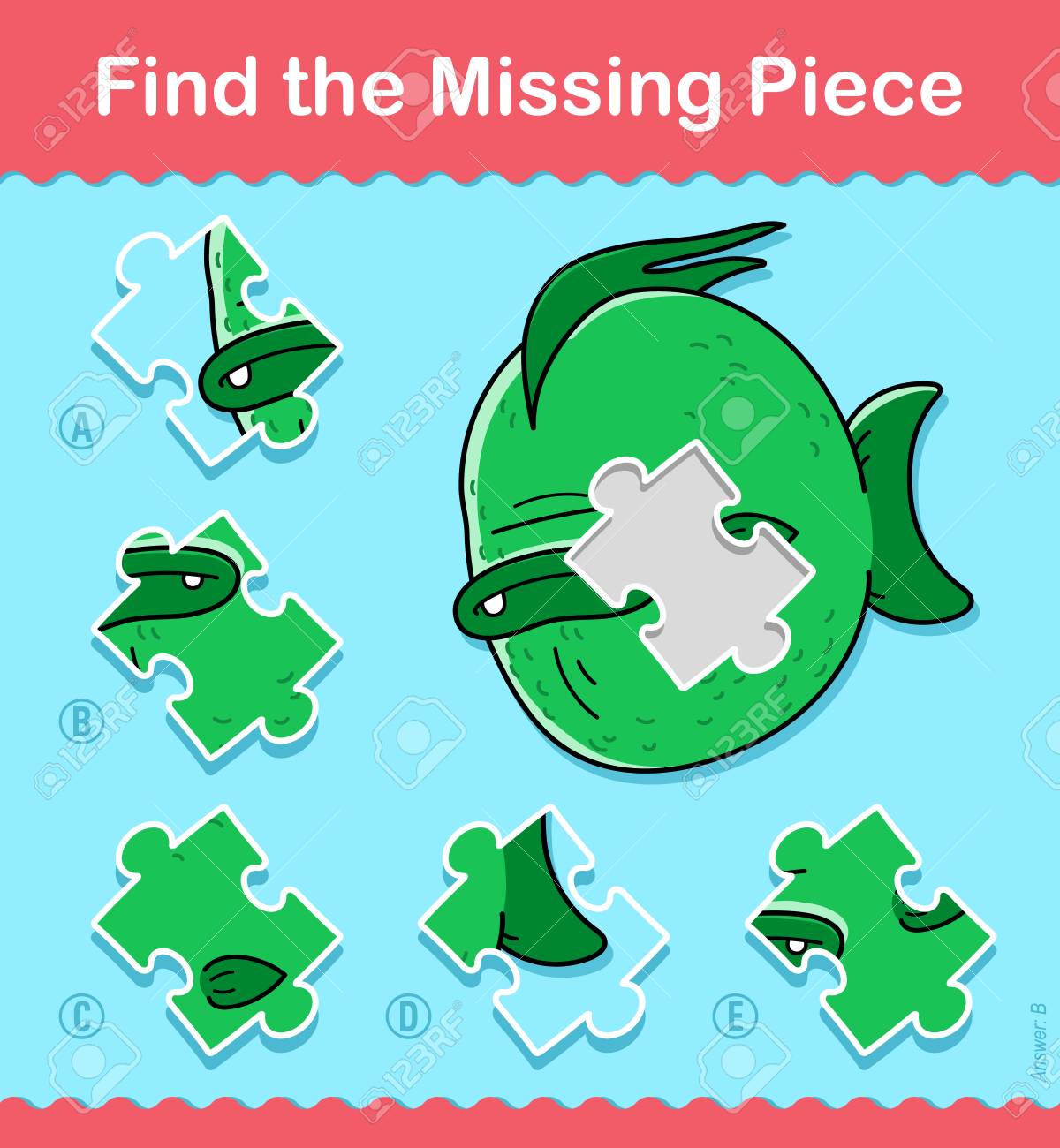 子供のシンプルな小さな緑の漫画の魚は 謎 ベクトルイラスト を解決するためにから選択する1つの欠けているピースと5つのバリエーションで水中を泳ぐ行方不明のピース教育パズルを見つけますのイラスト素材 ベクタ Image