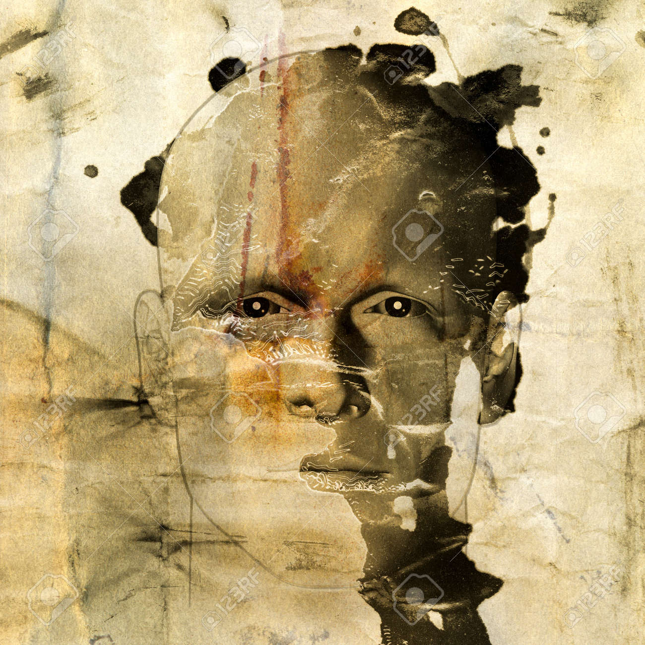 グランジ ペンキ上の人間の大まかなスケッチは 用紙の背景をステンド グラス 3 D イラスト の写真素材 画像素材 Image