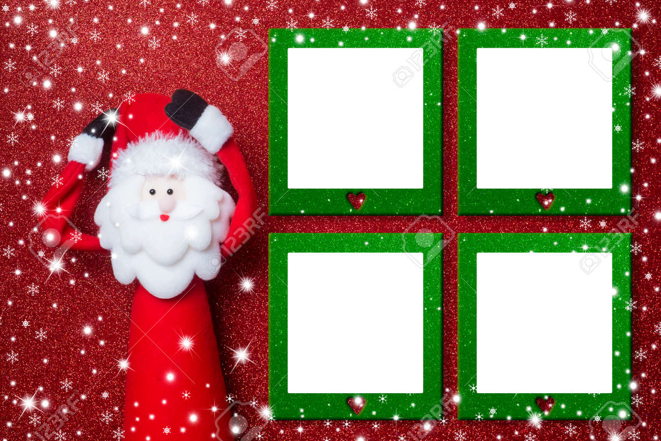 クリスマス サンタ クロースは 4 つの空白のフォト フレーム赤キラキラ背景が付いてびっくり の写真素材 画像素材 Image