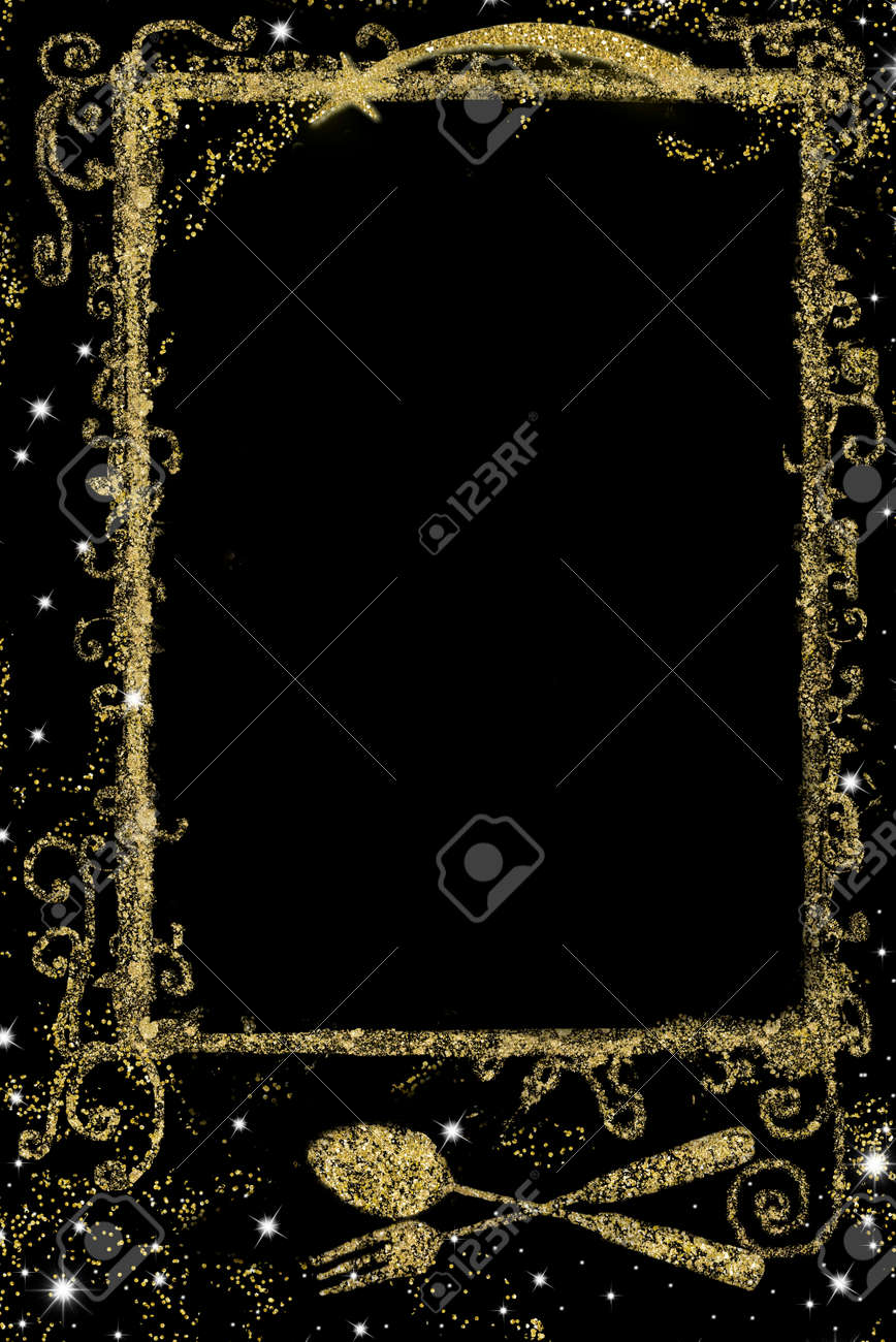 クリスマスメニューを書くための背景 メニューシンボルやレシピのフリーハンドゴールデングリッター描画と黒いバックグルード 垂直画像上の空きスペース の写真素材 画像素材 Image