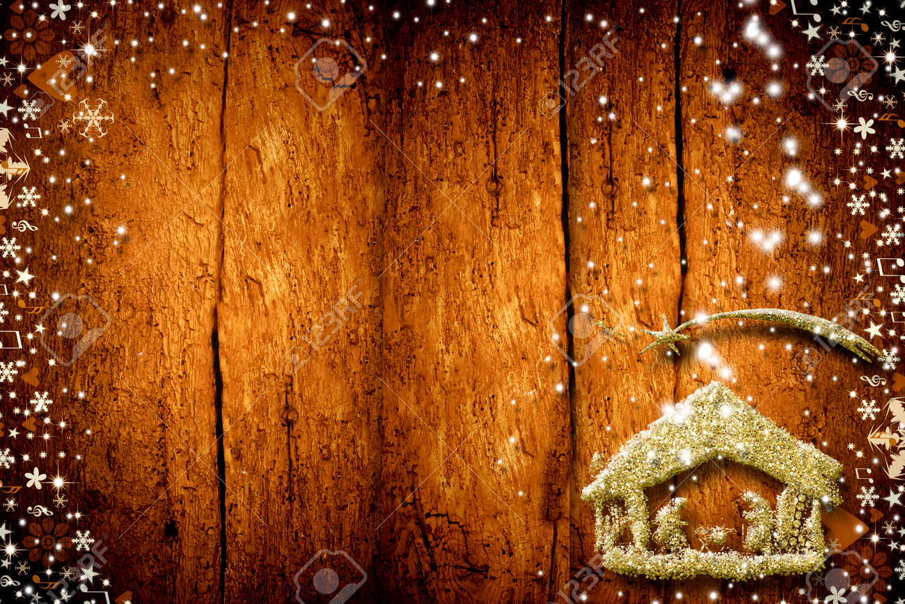Sfondi Natalizi Nativita.Immagini Stock Cartoline D Auguri Della Scena Di Nativita Di Natale Disegno A Mano Libera Astratto Della Scena Di Nativita Con Scintillio Dorato Vecchio Fondo Di Legno Con Lo Spazio In Bianco
