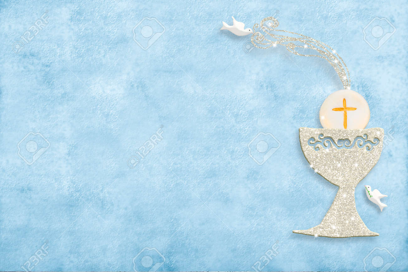 First Holy Communion Invitation Card.Silver Chalice And Doves On Blue Paper  With Copy Space To Text And Photo. Stock Photo, Picture and Royalty Free  Image. Image 118165823., image size:1300x868