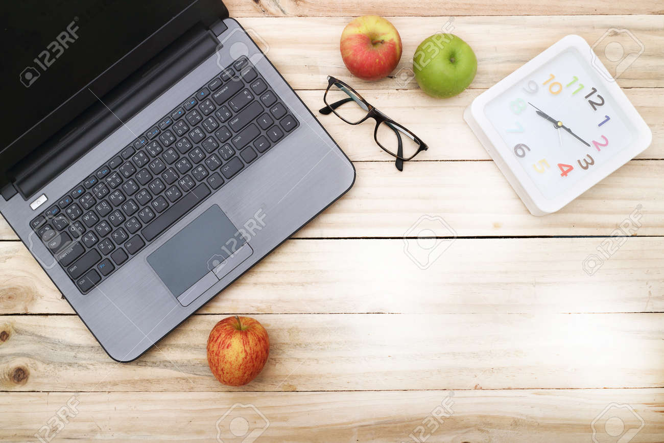overhead of office table or student table with notebook, computer keyboard copy space - 44342666 overhead of office table or student table with notebook, computer keyboard copy space - 44342666