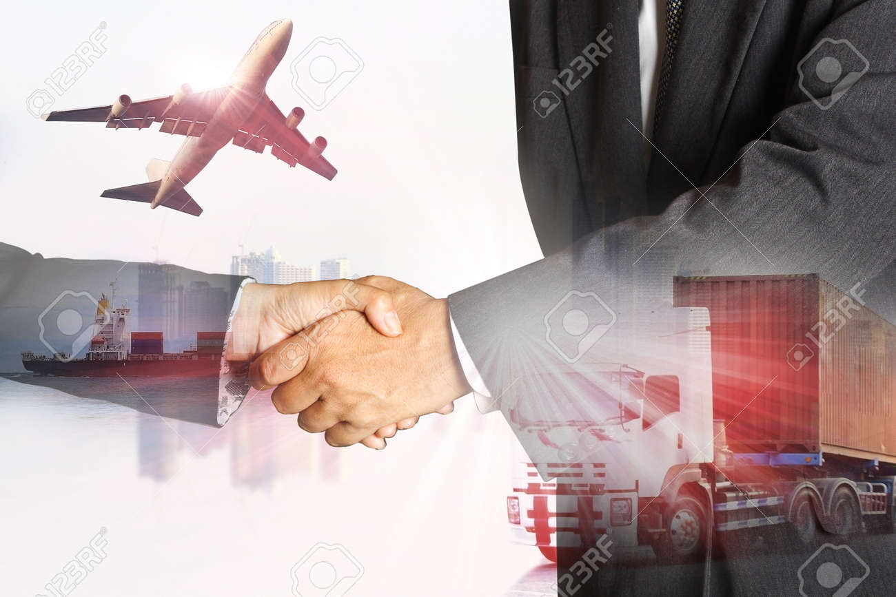 Double exposure of success businessman and container truck ,ship in port and freight cargo plane in transport and import-export commercial logistic ,shipping business industry - 48600838 Double exposure of success businessman and container truck ,ship in port and freight cargo plane in transport and import-export commercial logistic ,shipping business industry - 48600838