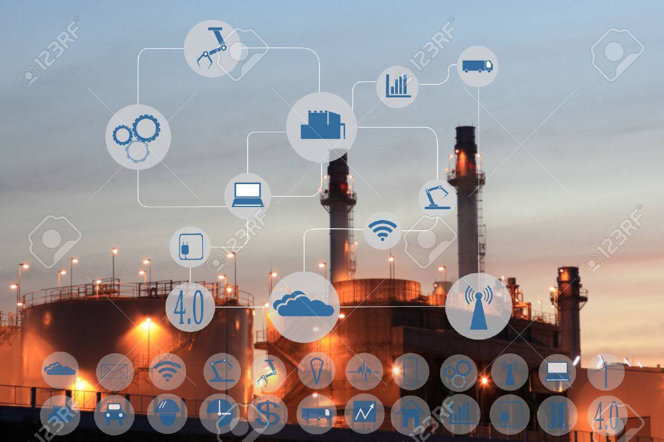 Industry 4.0 concept image.Oil refinery at twilight with cyber and physical system icons diagram on industrial factory and infrastructure background. - 68384387 Industry 4.0 concept image.Oil refinery at twilight with cyber and physical system icons diagram on industrial factory and infrastructure background. - 68384387