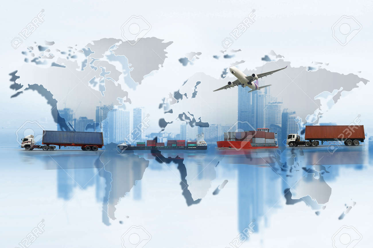 Shipping, delivery car, ship, plane transport on a background map of the world - 82574558 Shipping, delivery car, ship, plane transport on a background map of the world - 82574558