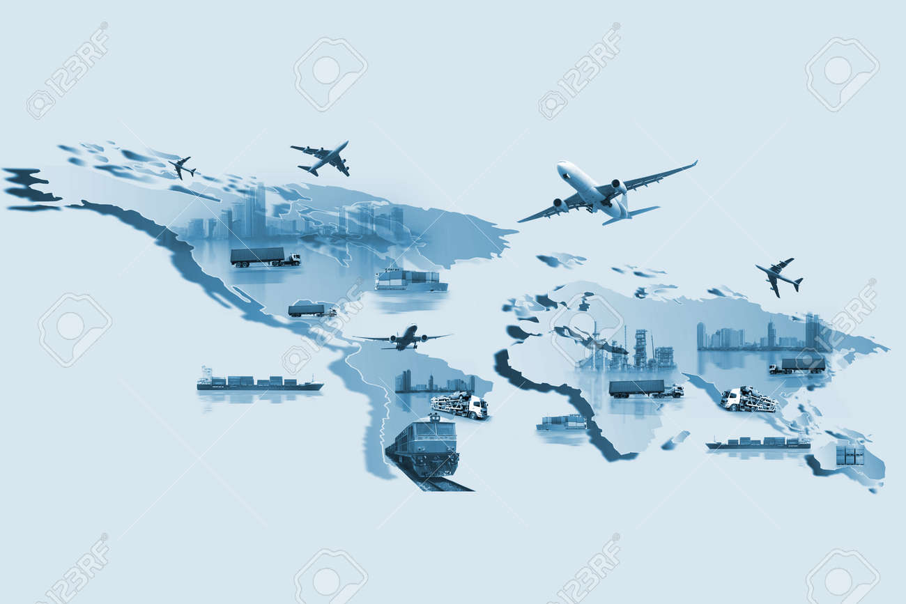 Shipping, delivery car, ship, plane transport on a background map of the world - 82560343 Shipping, delivery car, ship, plane transport on a background map of the world - 82560343