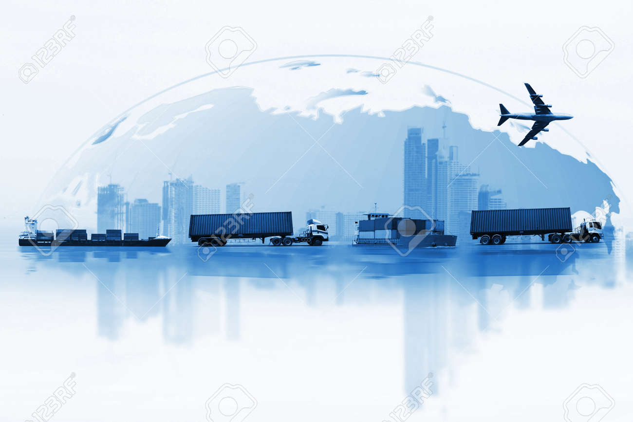 Shipping, delivery car, ship, plane transport on a background map of the world - 82560341 Shipping, delivery car, ship, plane transport on a background map of the world - 82560341