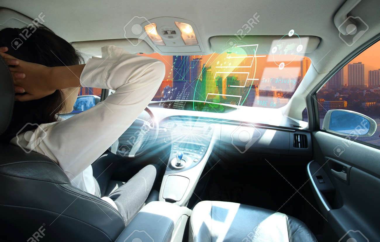 electric car or intelligent car. connected car. Internet of Things. Heads up display(HUD).futuristic vehicle and graphical user interface(GUI).self-driving mode , autonomous car, vehicle running self driving mode and a woman driver - 92795715 electric car or intelligent car. connected car. Internet of Things. Heads up display(HUD).futuristic vehicle and graphical user interface(GUI).self-driving mode , autonomous car, vehicle running self driving mode and a woman driver - 92795715