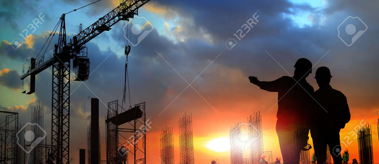 two engineer on working site , engineer and tower cranes at construction site and city background - 93810290 two engineer on working site , engineer and tower cranes at construction site and city background - 93810290