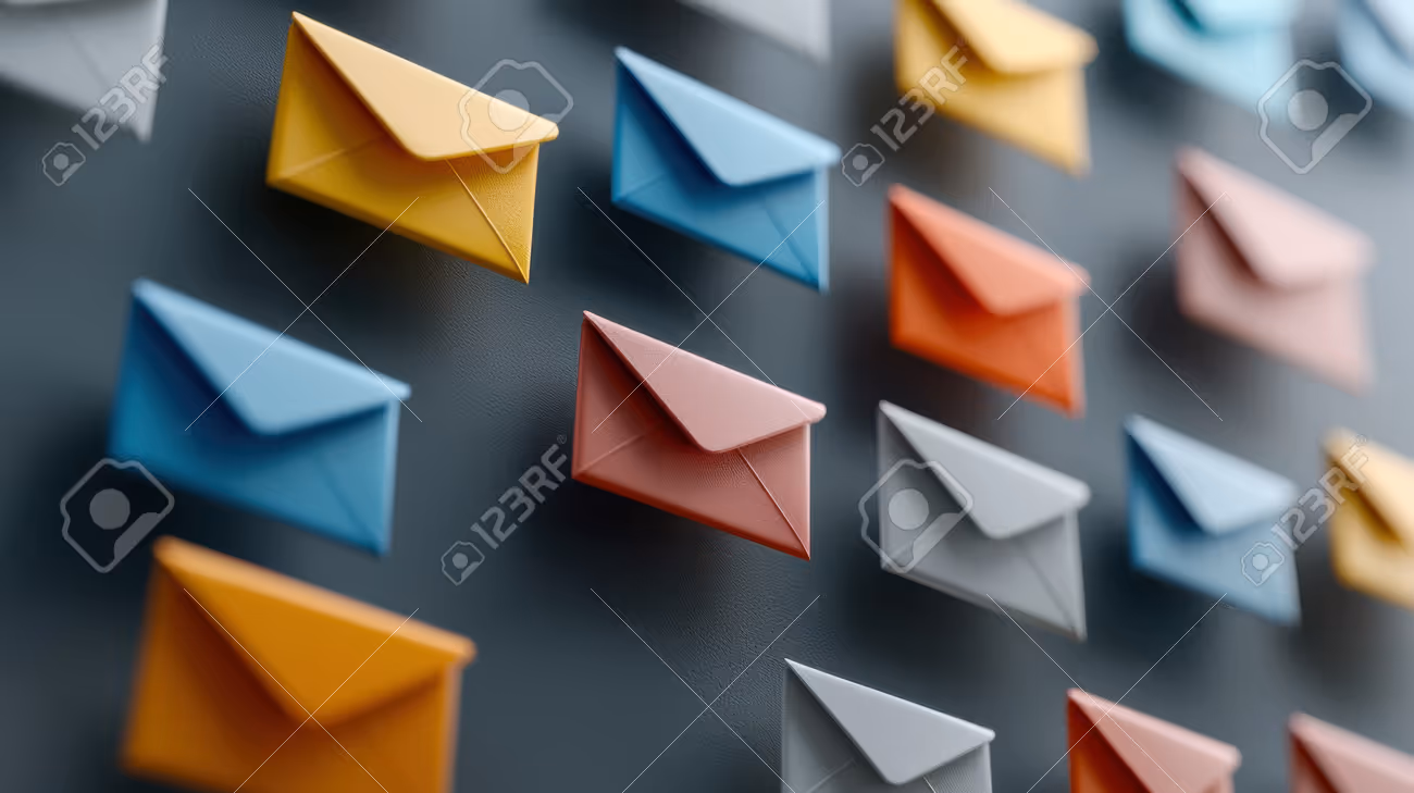 A wall of colorful envelopes with different colors and sizes. The envelopes are arranged in a row and are of various sizes - 258487671