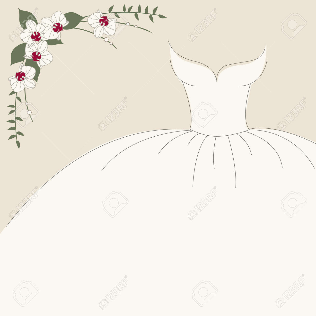 vintage wedding invitation background with dress and bouquet