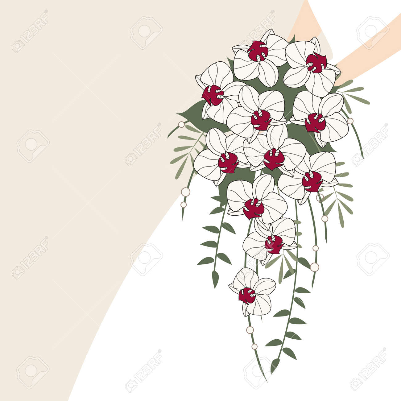 ビンテージ結婚式の招待状 蘭の花のドレスとカスケードの花束と背景のイラスト素材 ベクタ Image ビンテージ結婚式の招待状 蘭の花のドレスとカスケードの花束と背景のイラスト素材 ベクタ Image