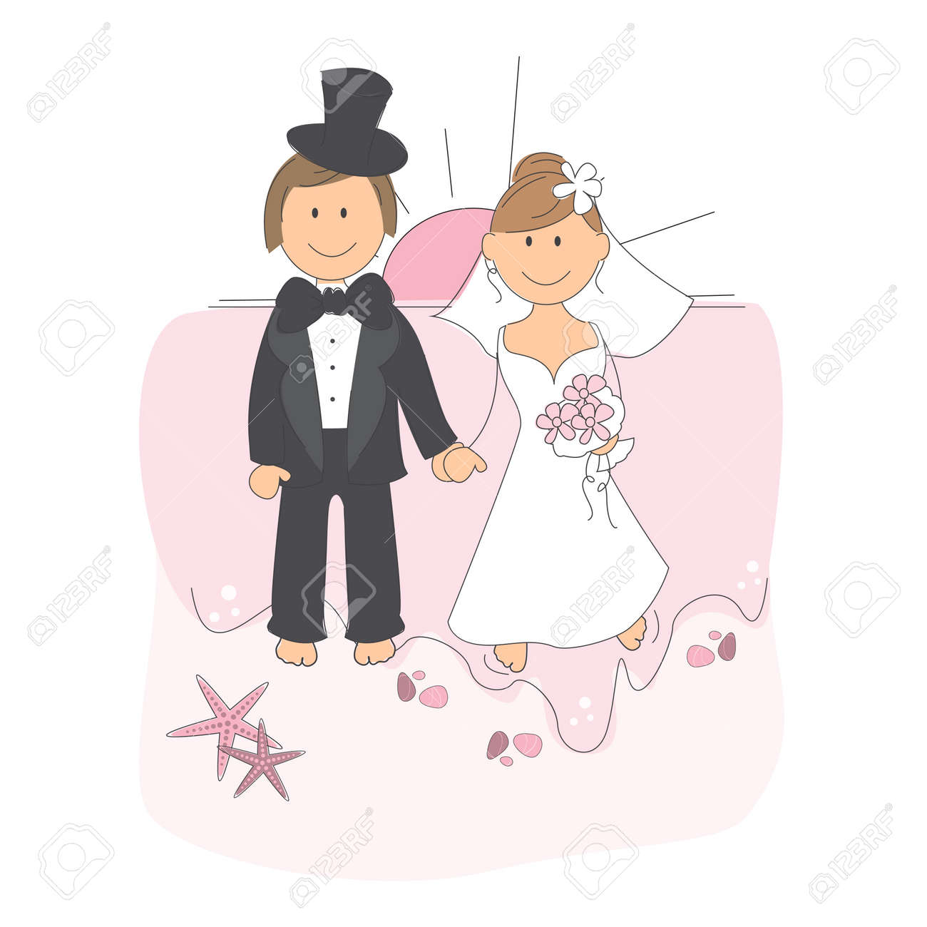 Invitation De Mariage Avec La Mariée Et Le Marié Drôle Sur Une Plage Au Coucher Du Soleil Illustration Dessin à La Main Sur Fond Blanc