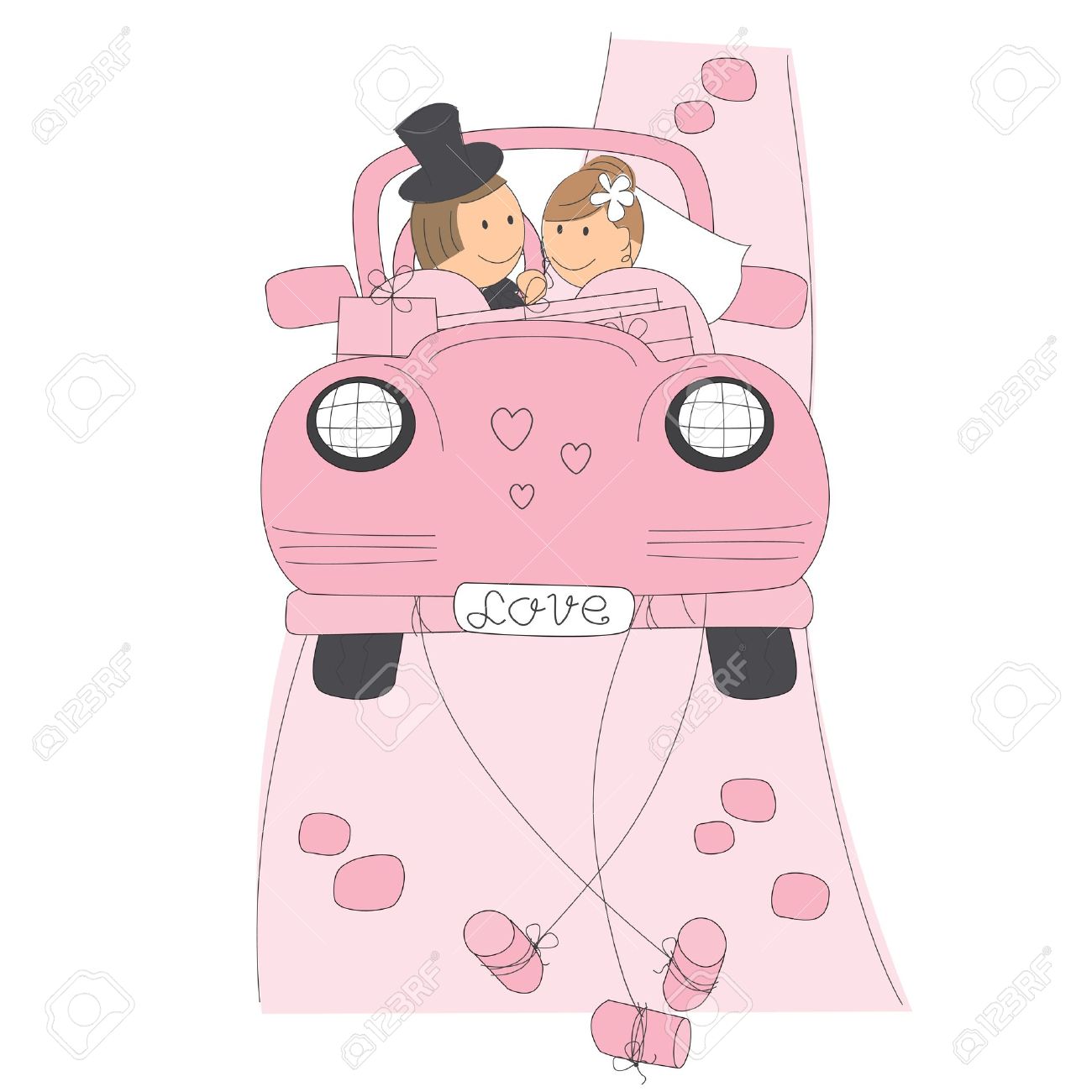 Invitation De Mariage Avec La Mariee Et Le Marie Droles Sur La Conduite Automobile Pour Leur Lune De Miel Illustration Dessin A La Main Clip Art Libres De Droits Vecteurs Et