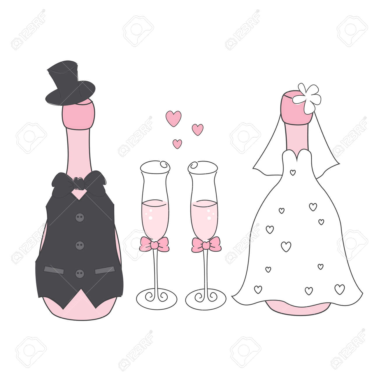 Wedding Champagne Bottles In Suit And Dress. Hand Drawing Illustration  Royalty Free SVG, Cliparts, Vectors, and Stock Illustration. Image 16608692., image size:1300x1300